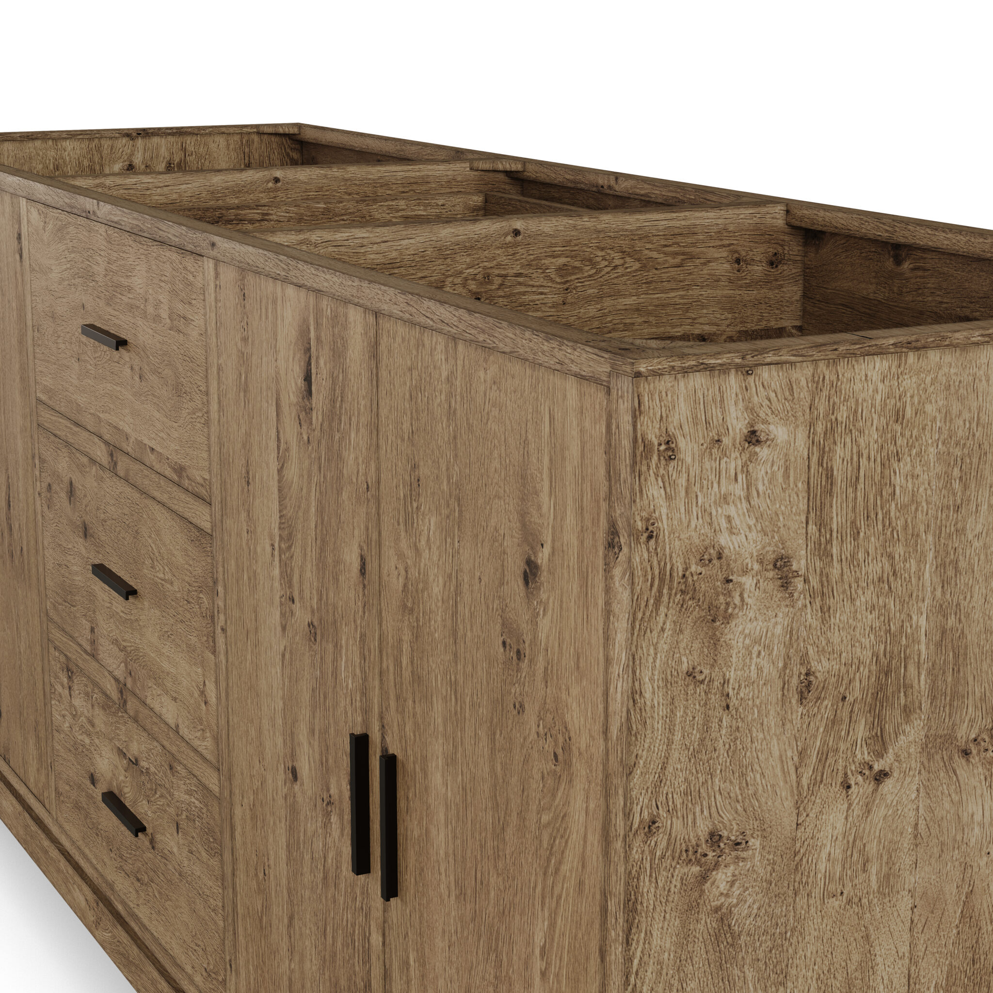 Side detail view of Lido 72 inch solid wood double bathroom vanity in Dark Walnut finish with open top