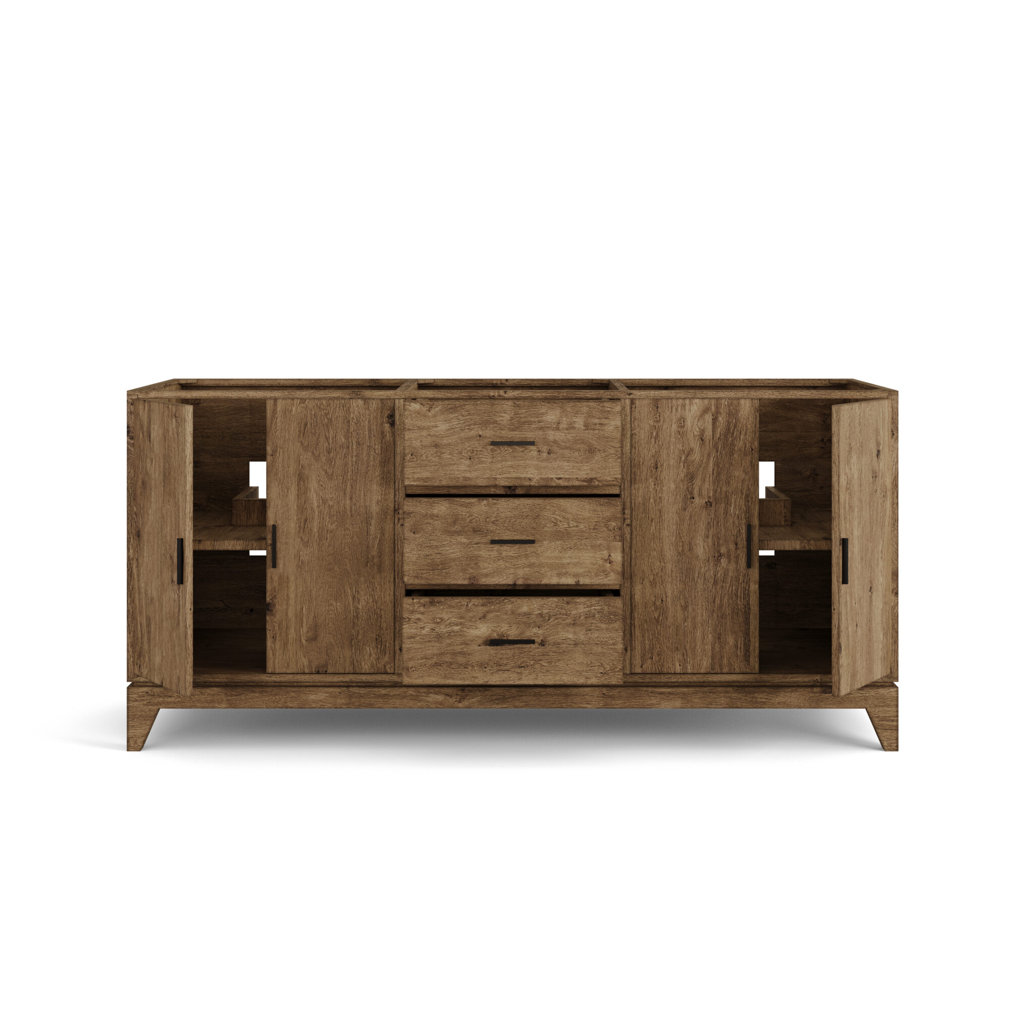 Lido 72 inch solid wood double bathroom vanity with open cabinet doors in Dark Walnut finish