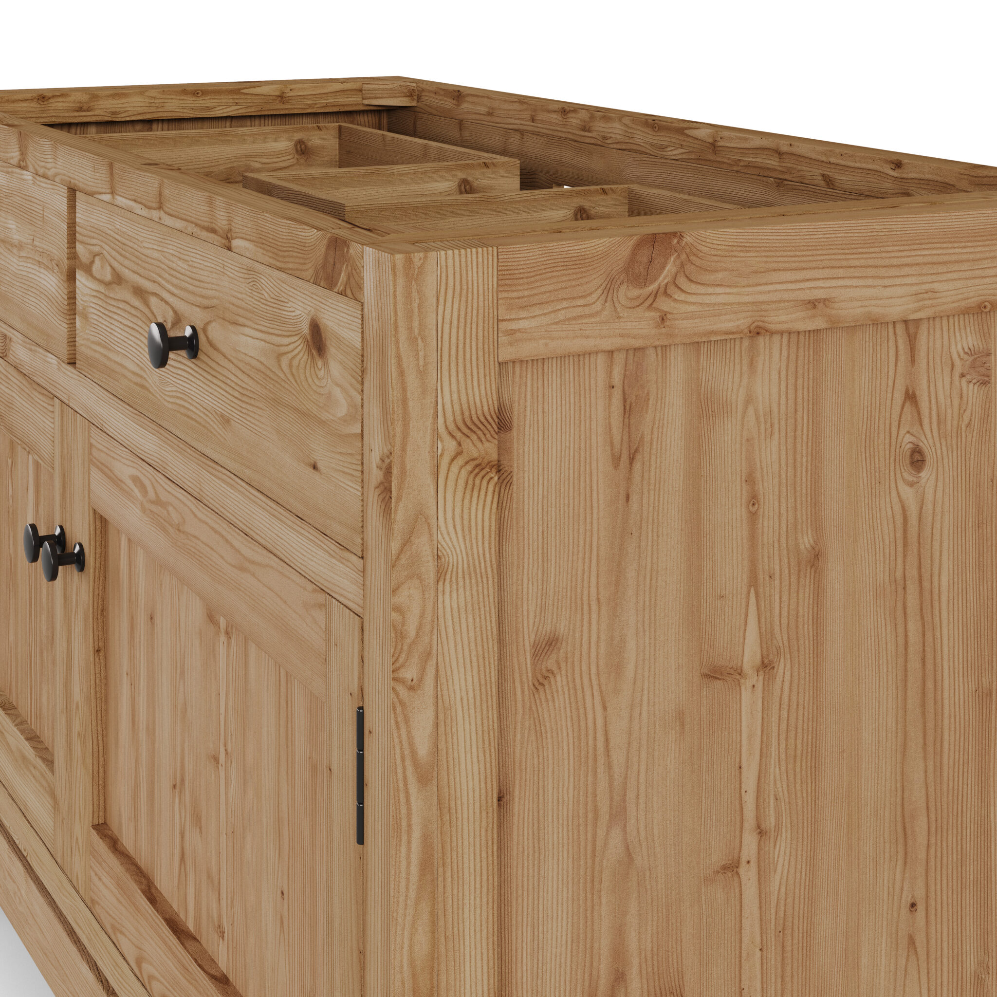 Side angle view of Lido 48 inch solid wood bathroom vanity in natural Douglas fir finish