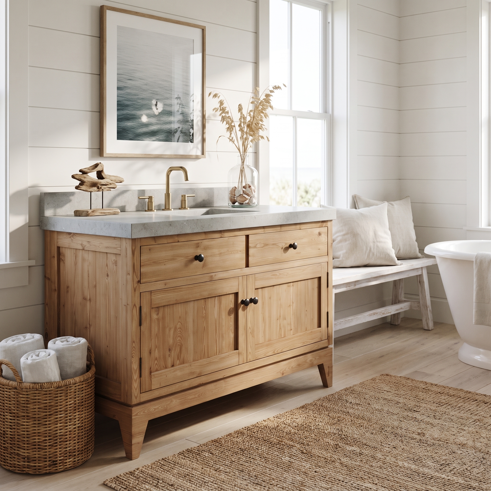 Lido 48 inch solid wood single bathroom vanity in coastal bathroom setting