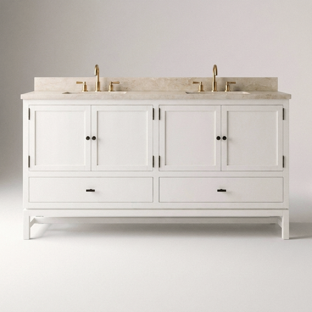 Front studio view of Diego 60 inch solid wood double bathroom vanity in painted white finish