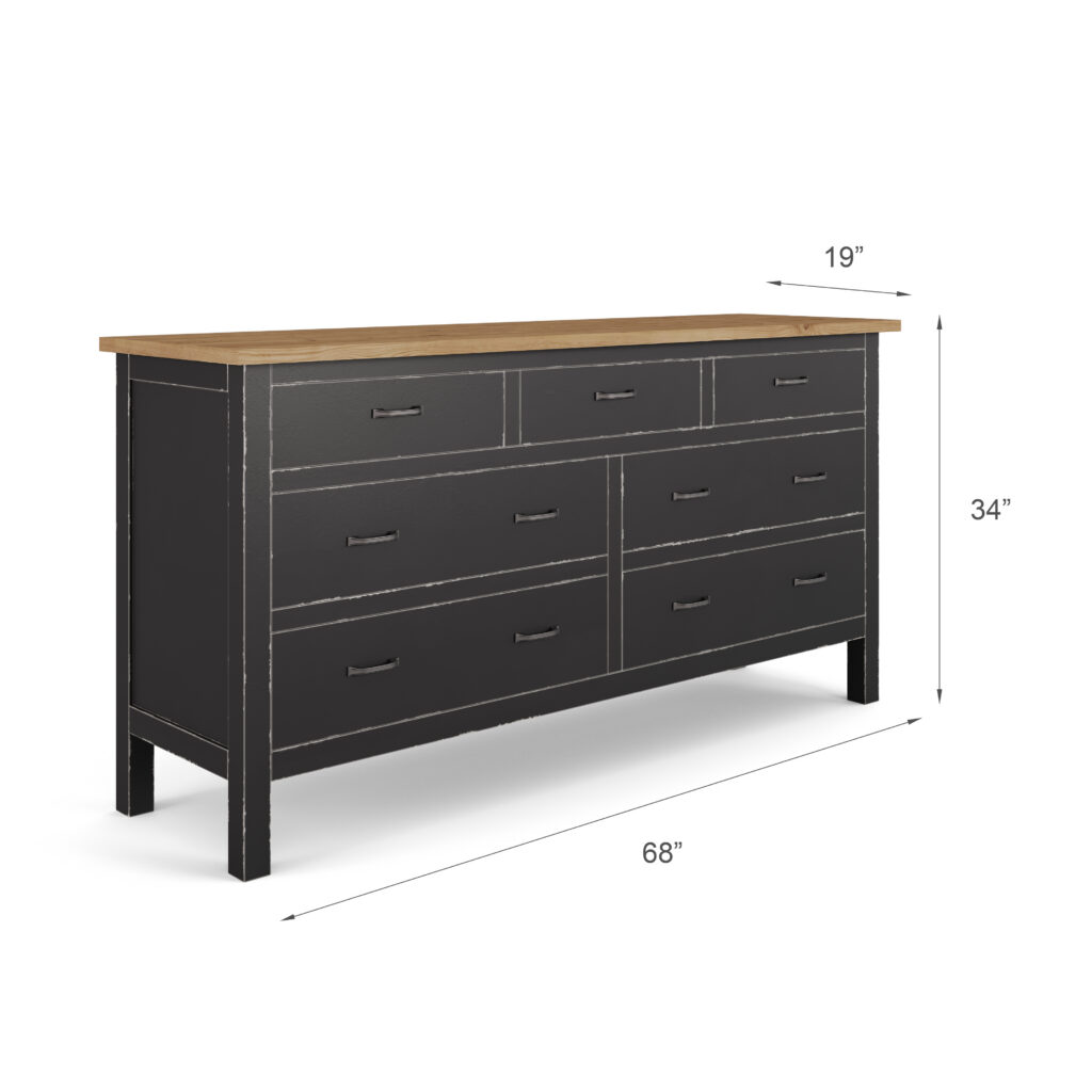 Cardiff 7 Drawer Dresser with dimensions labeled: 68 inches wide, 19 inches deep, and 34 inches high