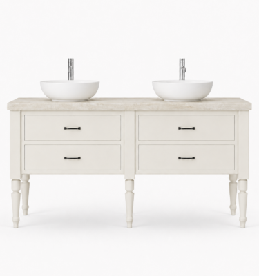 J Town 60 inch solid wood double bathroom vanity in Alabaster White with stone top and two vessel sinks