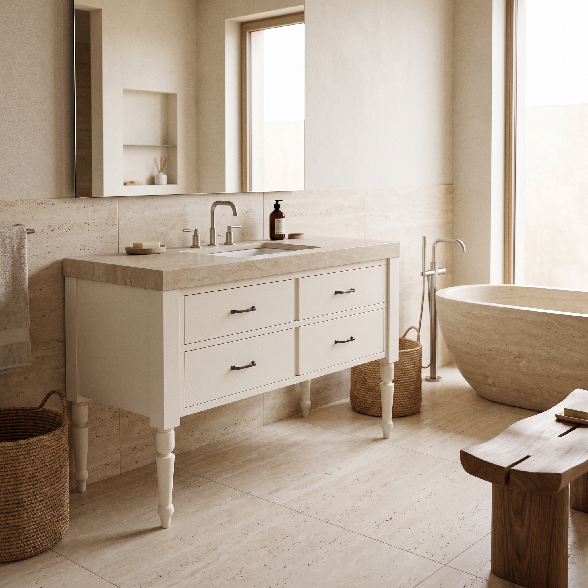 J Town 48 inch solid wood single bathroom vanity in Painted Alabaster White in a minimalist bathroom