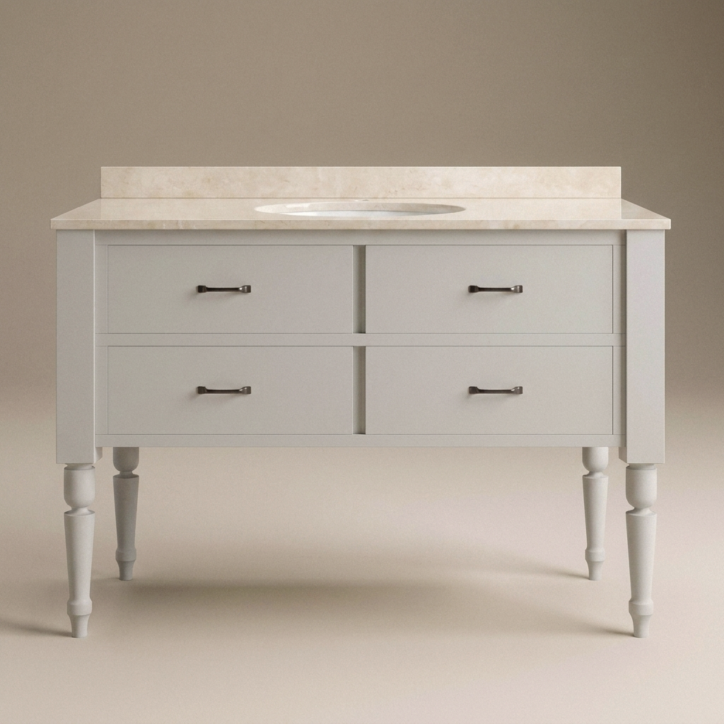 Front studio view of J Town 48 inch solid wood single bathroom vanity in Painted Alabaster White