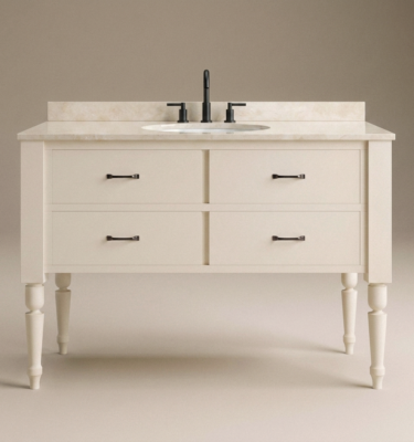 Front studio view of J Town 48 inch solid wood single bathroom vanity in Painted Alabaster White