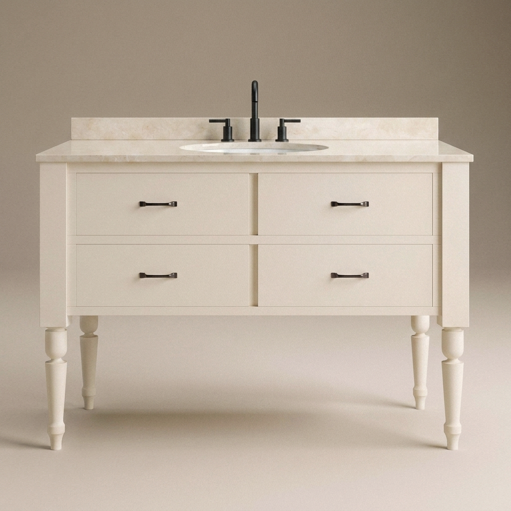 Front studio view of J Town 48 inch solid wood single bathroom vanity in Painted Alabaster White