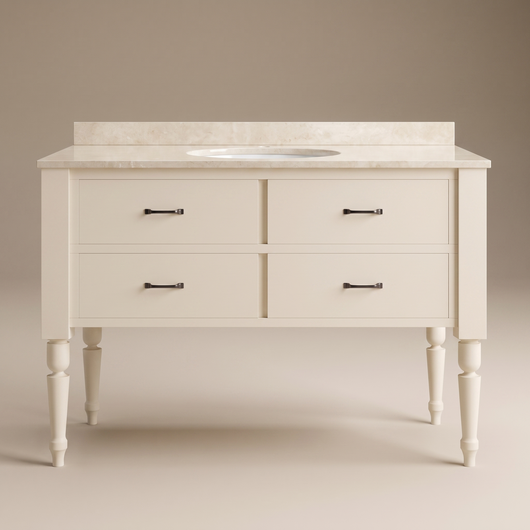 Front studio view of J Town 48 inch solid wood single bathroom vanity in Painted Alabaster White