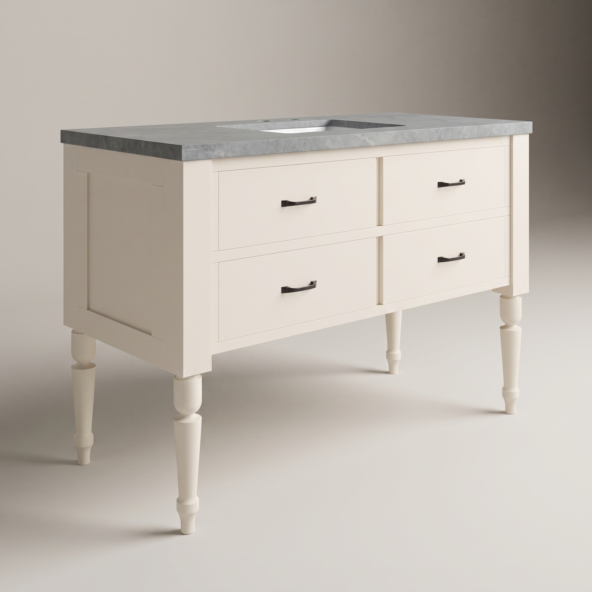 Studio angle view of J Town 48 inch solid wood single bathroom vanity in Painted Alabaster White