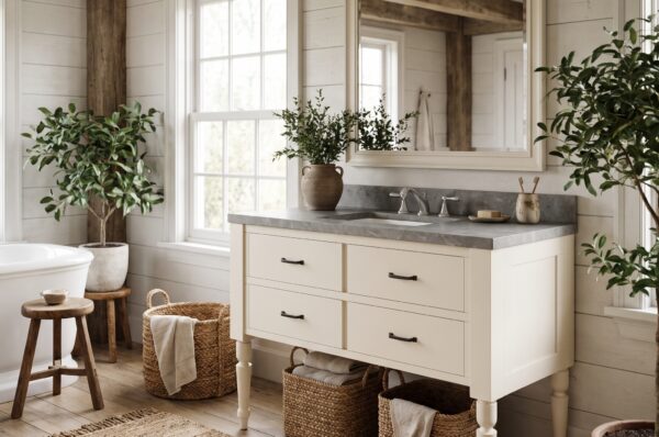 J Town 48 inch solid wood single bathroom vanity in Painted Alabaster White in a rustic farmhouse bathroom