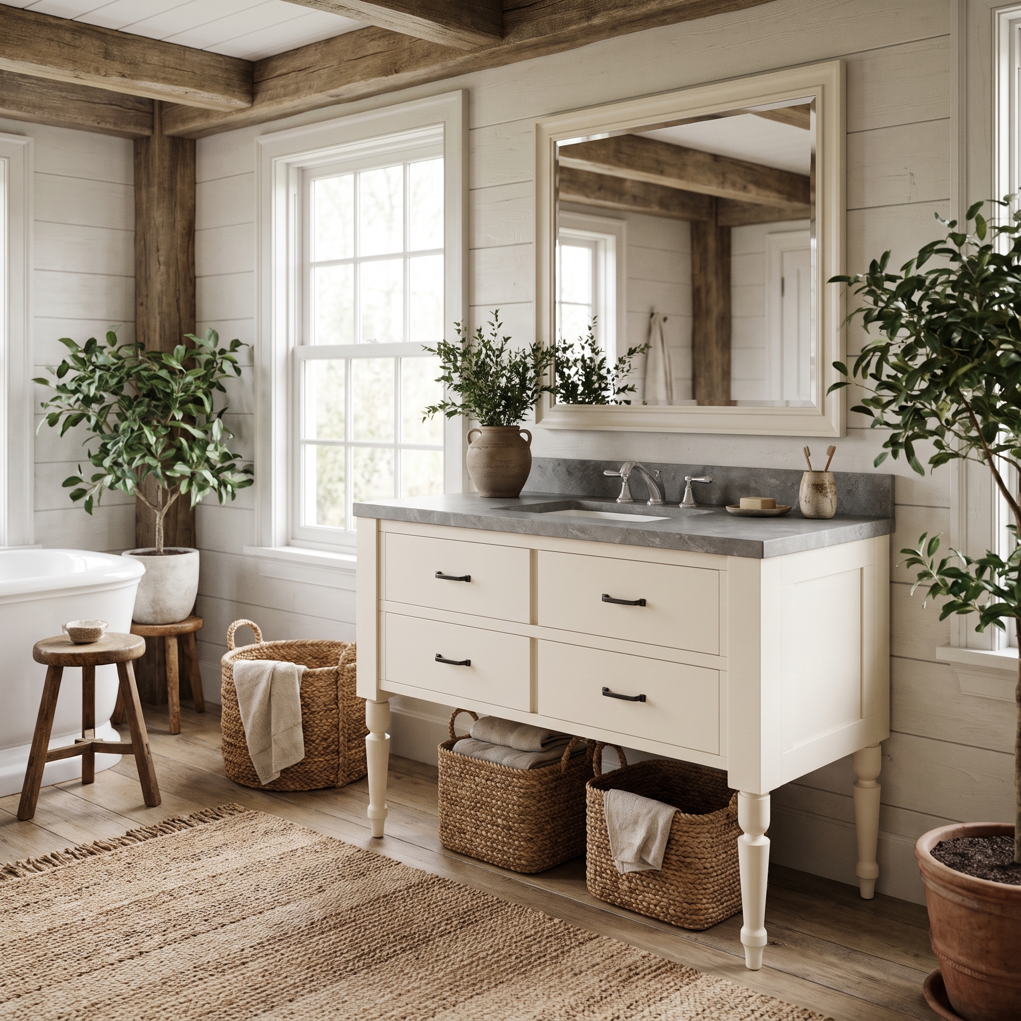 J Town 48 inch solid wood single bathroom vanity in Painted Alabaster White in a rustic farmhouse bathroom