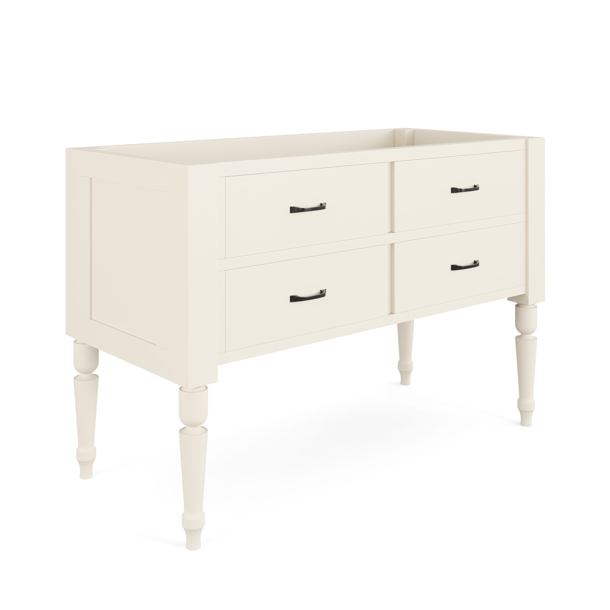 Front angle view of J Town 48 inch solid wood single bathroom vanity in Painted Alabaster White