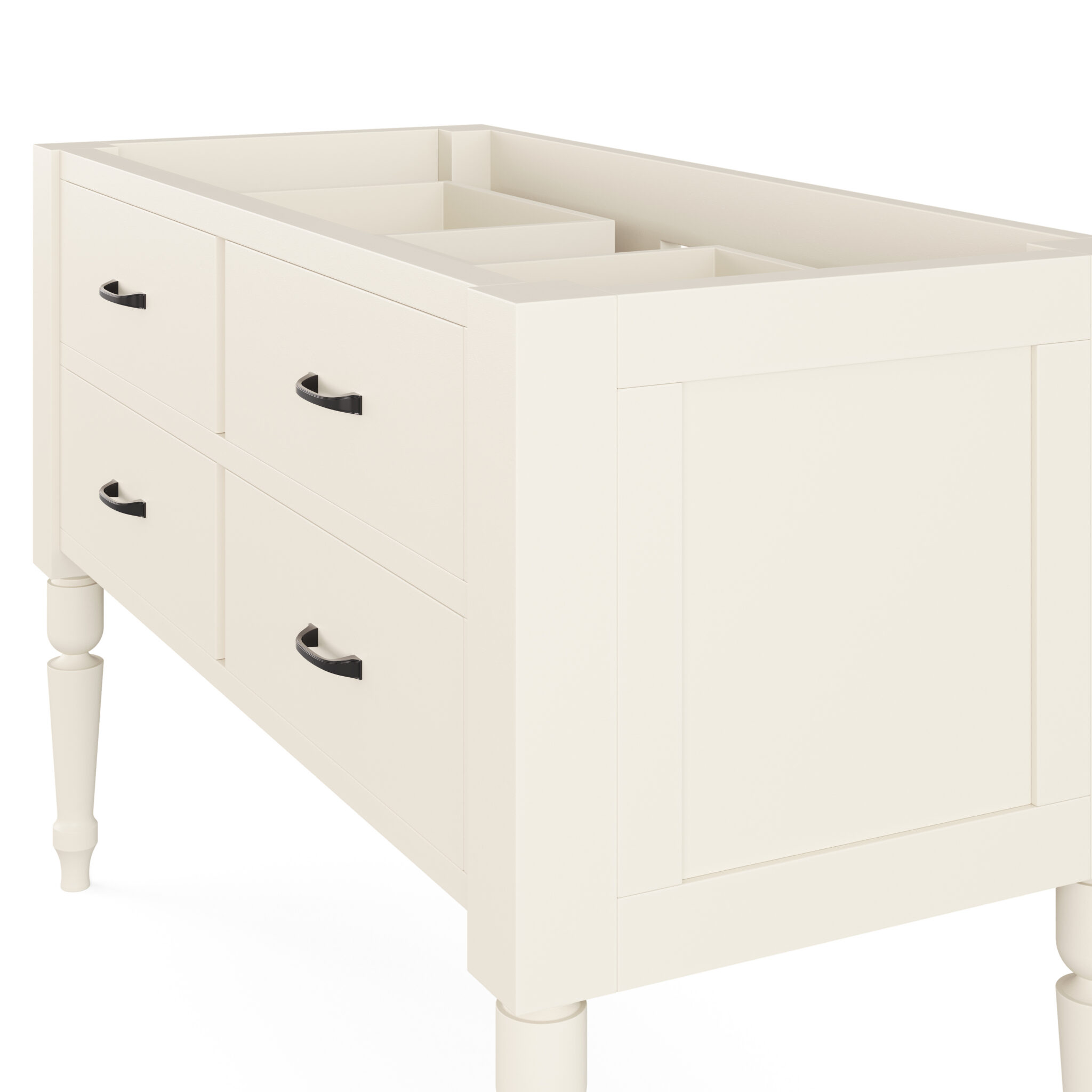 Side angle view of J Town 48 inch solid wood single bathroom vanity in Painted Alabaster White